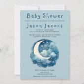 Etoiles et baby shower de lune invitation bleue (Devant)