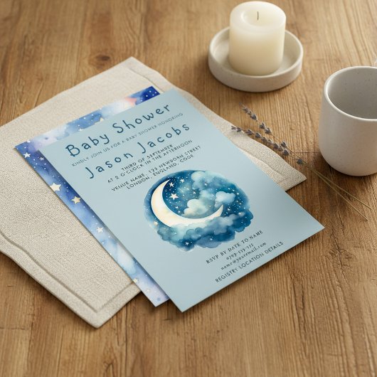 Etoiles et baby shower de lune invitation bleue