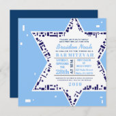 Étoiles et Carré Bar Bat mitzvah Invitation Bleu (Devant / Derrière)