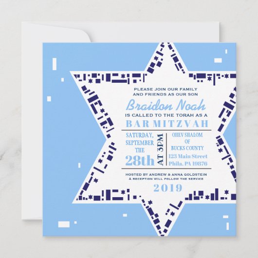Étoiles et Carré Bar Bat mitzvah Invitation Bleu (Devant)