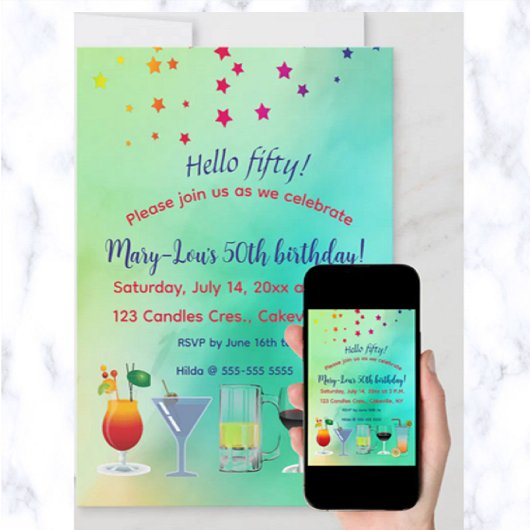 Étoiles et cocktails modifiables Invitation d'anni