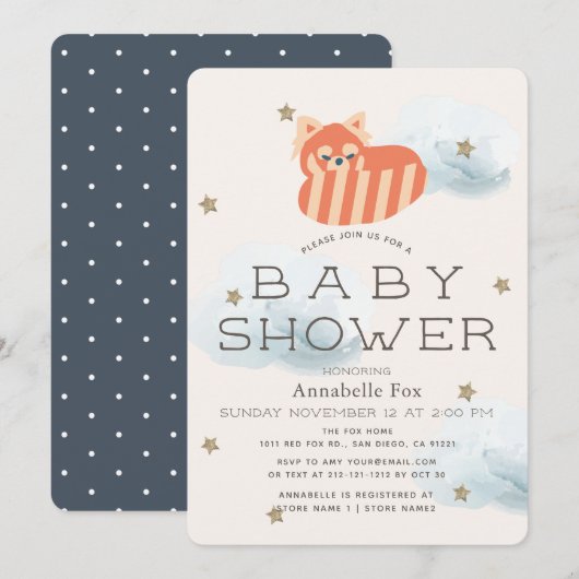 Étoiles et nuages Red Panda Baby shower Invitation (Devant / Derrière)