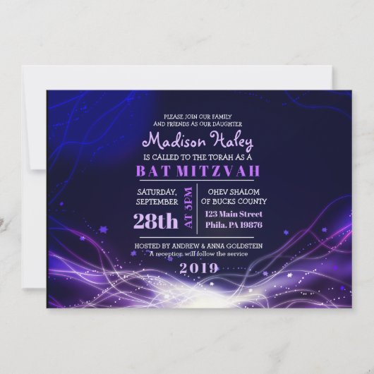 ÉTOILES NÉON ÉCLAIRANTES Invitation Bat Mitzvah Vi (Devant)