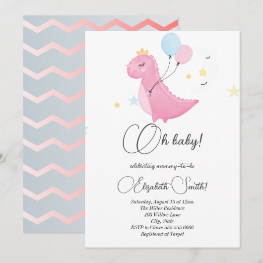 Étoiles, points, invitation baby shower dinosaure (Devant / Derrière)