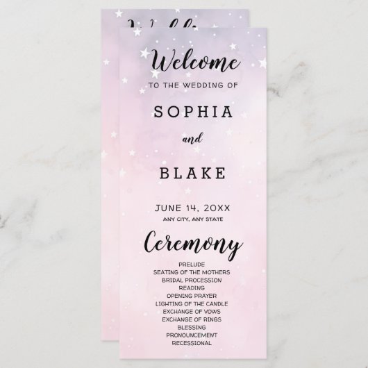 Étoiles rose et violet Programme de mariage célest (Devant / Derrière)