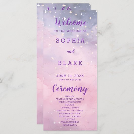 Étoiles rose et violet Programme de mariage célest (Devant / Derrière)