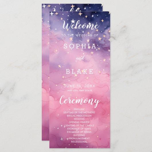Étoiles rose et violet Programme de mariage célest (Devant / Derrière)