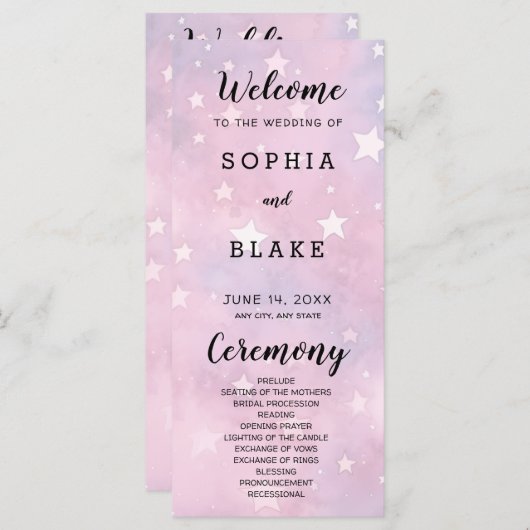 Étoiles rose et violet Programme de mariage célest (Devant / Derrière)