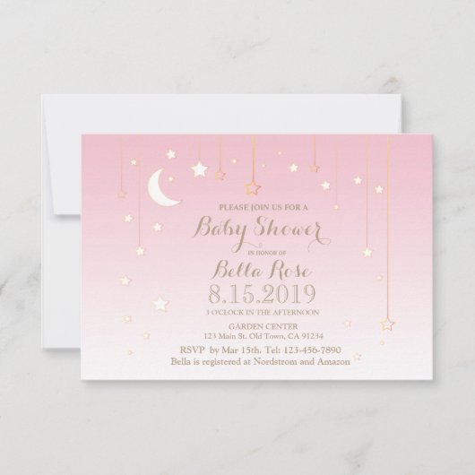 étoiles rose lune fille douche bébé invitations (Devant)