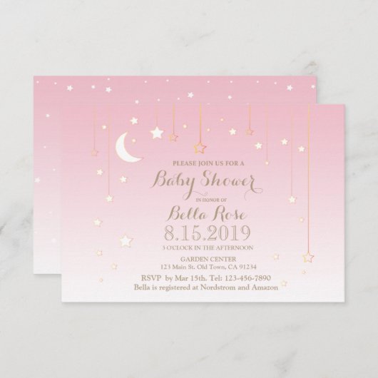 étoiles rose lune fille douche bébé invitations (Devant / Derrière)