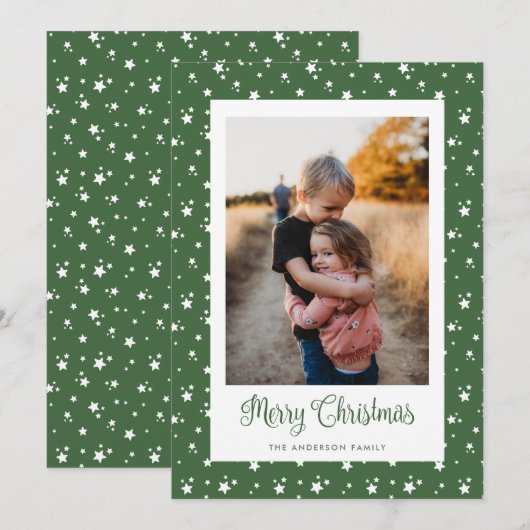 Étoiles vertes personnalisées Photo Joyeuses Carte (Devant / Derrière)
