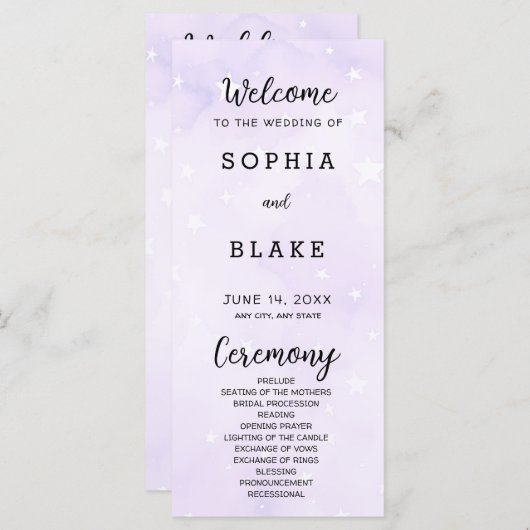 Étoiles violettes et blanches Programme de mariage (Devant / Derrière)