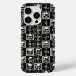 Étui de téléphone à crâne gothique et damier damas