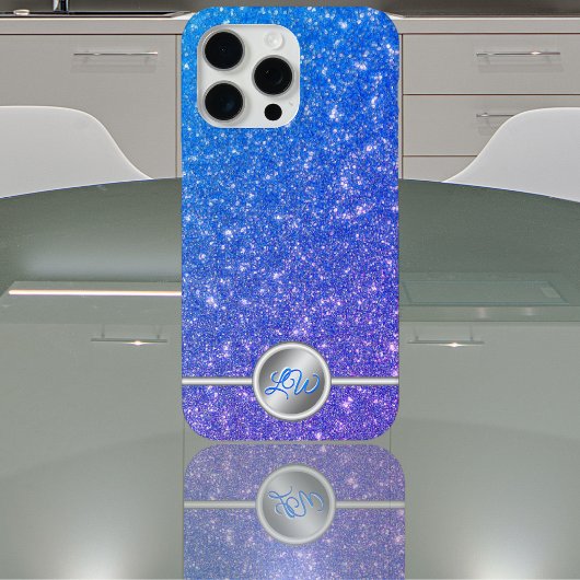 Étui de téléphone à monogramme pailleté bleu scint