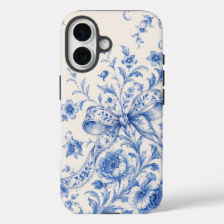 Étui de téléphone à ruban toile fleuri bleu blanc