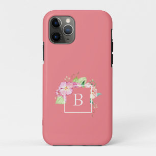 Étui Fleur Aquarelle Corail Rose Féminin Monogramm