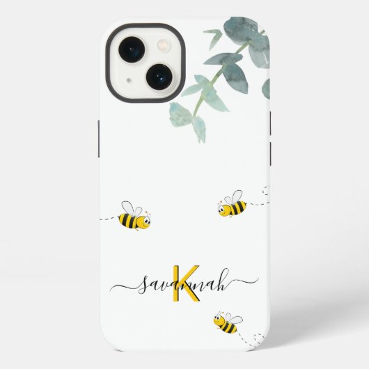 Etui iPhone 13 Abeilles eucalyptus verdure monogramme blanc (Verso)