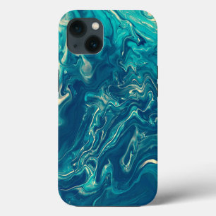 Etui iPhone 13 Abstraction acrylique marbrée bleu et blanc