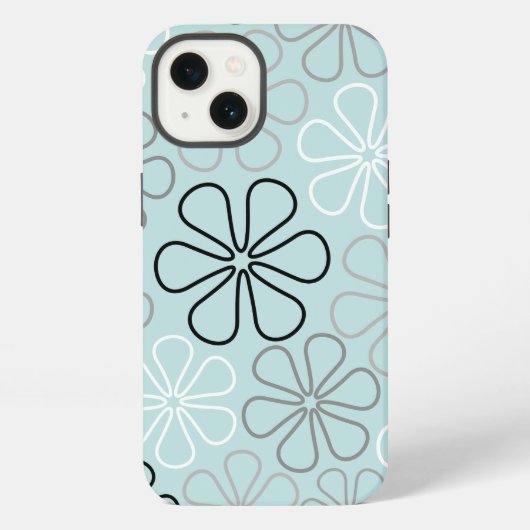 Etui iPhone 13 Abstrait Big Flower Outlines BWG+Duck Egg Blue (Verso)