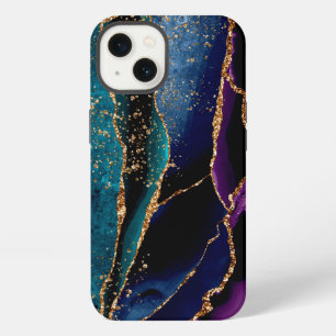 Etui iPhone 13 Agate bleu/sarcelle/violet avec veines de paillett