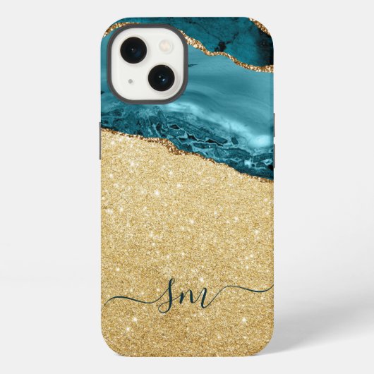 Etui iPhone 13 Agate Bleu turquoise Monogramme Script Pierre Or (Verso)
