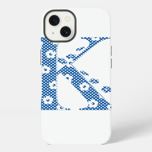 Etui iPhone 13 alphabet fleuri K (bleu et points) (Verso)