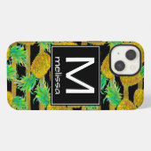 Etui iPhone 13 Ananas Dorés Sur Rayures | Monogramme (Verso Horizontal)