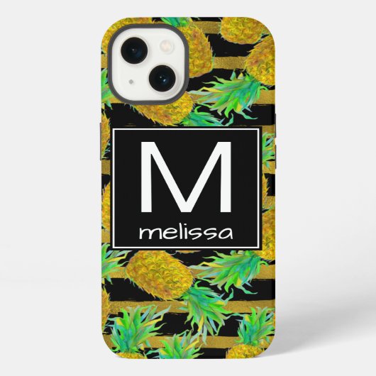 Etui iPhone 13 Ananas Dorés Sur Rayures | Monogramme (Verso)