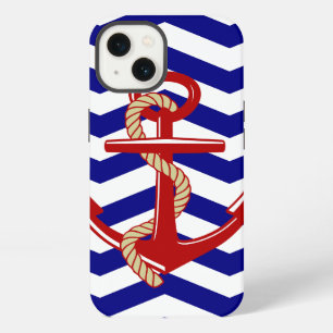 Etui iPhone 13 Ancre rouge rayures nautiques Chevron