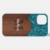 Etui iPhone 13 Aqua bleu étincelle bois brun rustique Monogramme (Verso Horizontal)