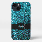 Etui iPhone 13 Aqua bleu Turquoise faux parties scintillant scint (Verso)