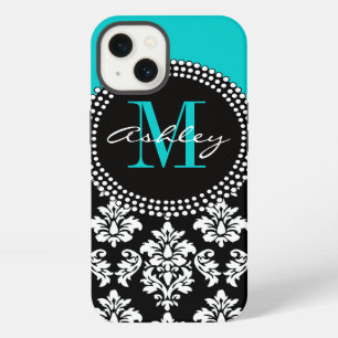 Etui iPhone 13 Aqua girly damas noir Votre nom en monogramme
