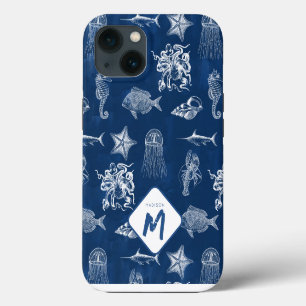 Etui iPhone 13 Aquarelle bleu marine Océan Animaux marins Monogra