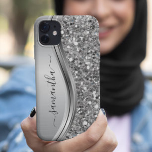 Etui iPhone 13 Argent métallisé paillettes personnalisées glamour