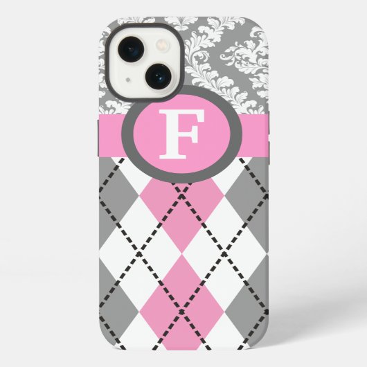 Etui iPhone 13 Argyle and damask pattern pink, grey monogram (Verso)