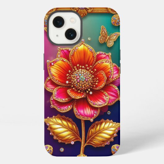 Etui iPhone 13 Art de la fleur dorée complexe (Verso)