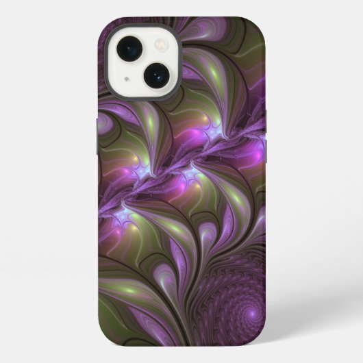 Etui iPhone 13 Art fractal abstrait violet pourpre kaki coloré (Verso)