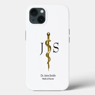 Etui iPhone 13 Bâton d'Asclepius Médical Classique Or sur Fond Bl