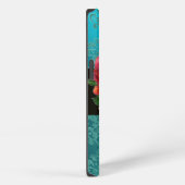 ETUI iPhone 13 BELLE ROSE ROSE PÂLE BLEU SARCELLE DAMASSÉ GEMME M (Côté droit)