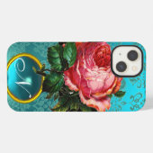 ETUI iPhone 13 BELLE ROSE ROSE PÂLE BLEU SARCELLE DAMASSÉ GEMME M (Verso Horizontal)