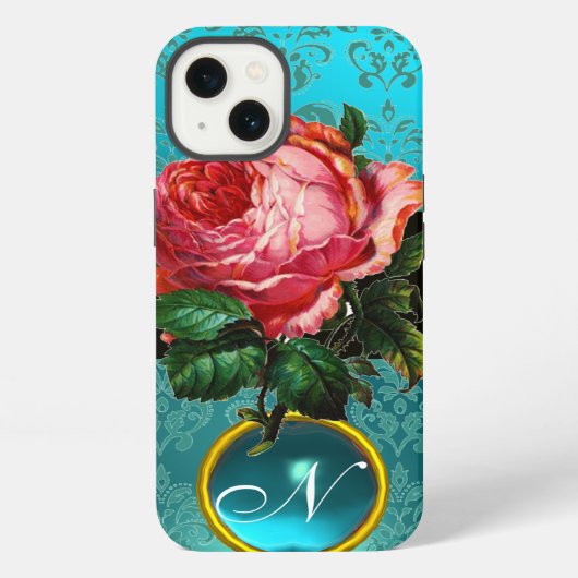 ETUI iPhone 13 BELLE ROSE ROSE PÂLE BLEU SARCELLE DAMASSÉ GEMME M (Verso)
