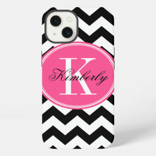 Etui iPhone 13 Black and White Chevron with Pink Monogram