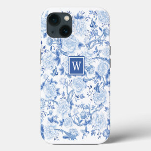 Etui iPhone 13 Blanc Bleu Chinoiserie Oiseau Paeonie Jardin Monog