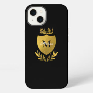 Etui iPhone 13 Blason de monogramme royal noir et or