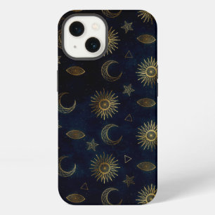 Etui iPhone 13 Bleu Céleste Or Soleil Lune Étoiles