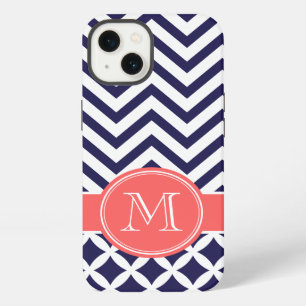 Etui iPhone 13 Bleu marine et corail Chevron Monogramme personnal