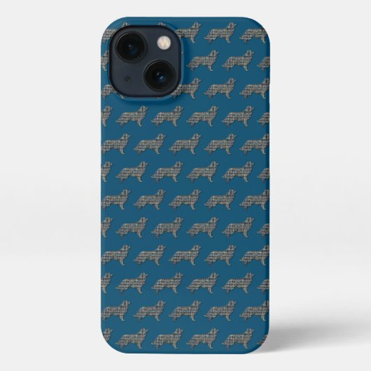 Etui iPhone 13 Bordure Collie Chien Cute Silhouette Grille Bleu (Verso)