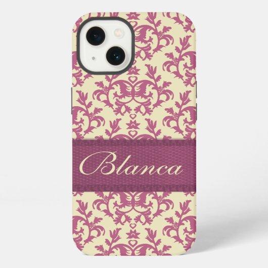 Etui iPhone 13 Botanique damas rose prune citron nom iphone coque (Verso)