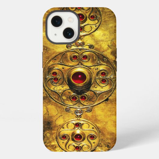 ETUI iPhone 13 BOUCLIER ANTIQUE CELTIQUE AVEC PIERRES DE GEM RUBY (Verso)
