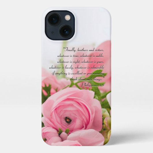Etui iPhone 13 Bouquet rose pastel de fleurs Bible Verse (Verso)